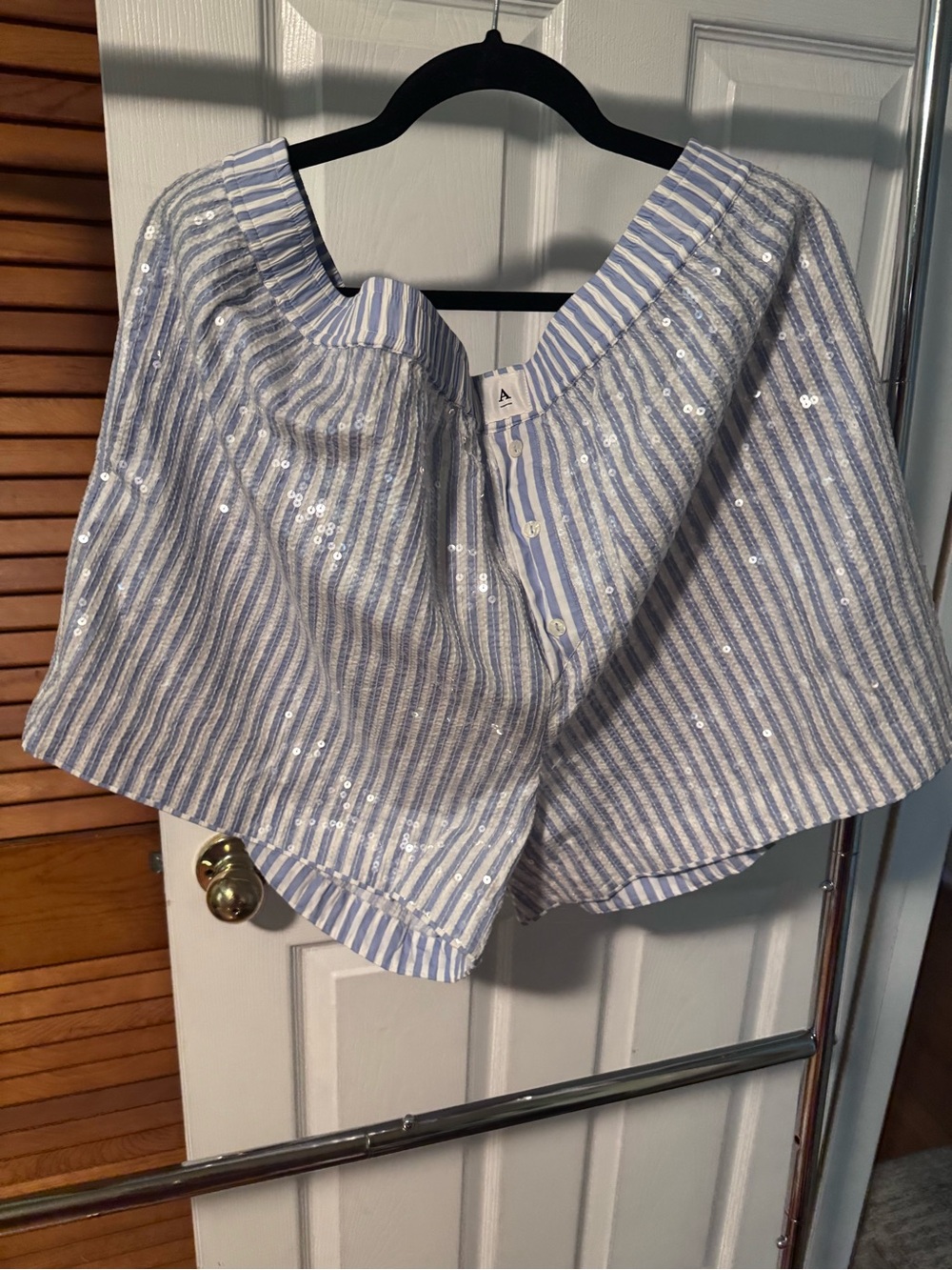 Blue & White Striped Sequin Shorts